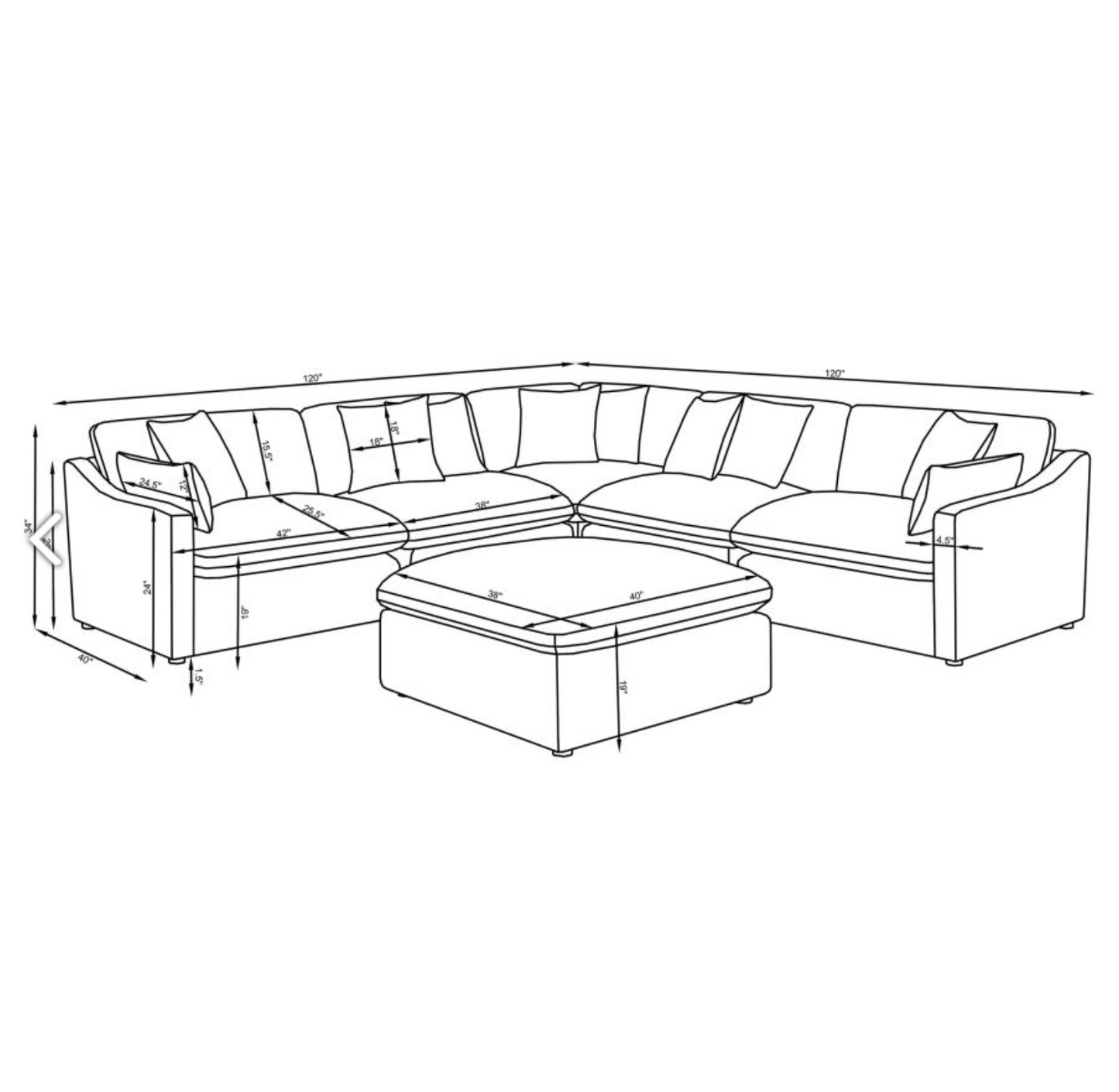 Deluxe Cream Performance Slope Arm Cloud Couch - 6pc Set