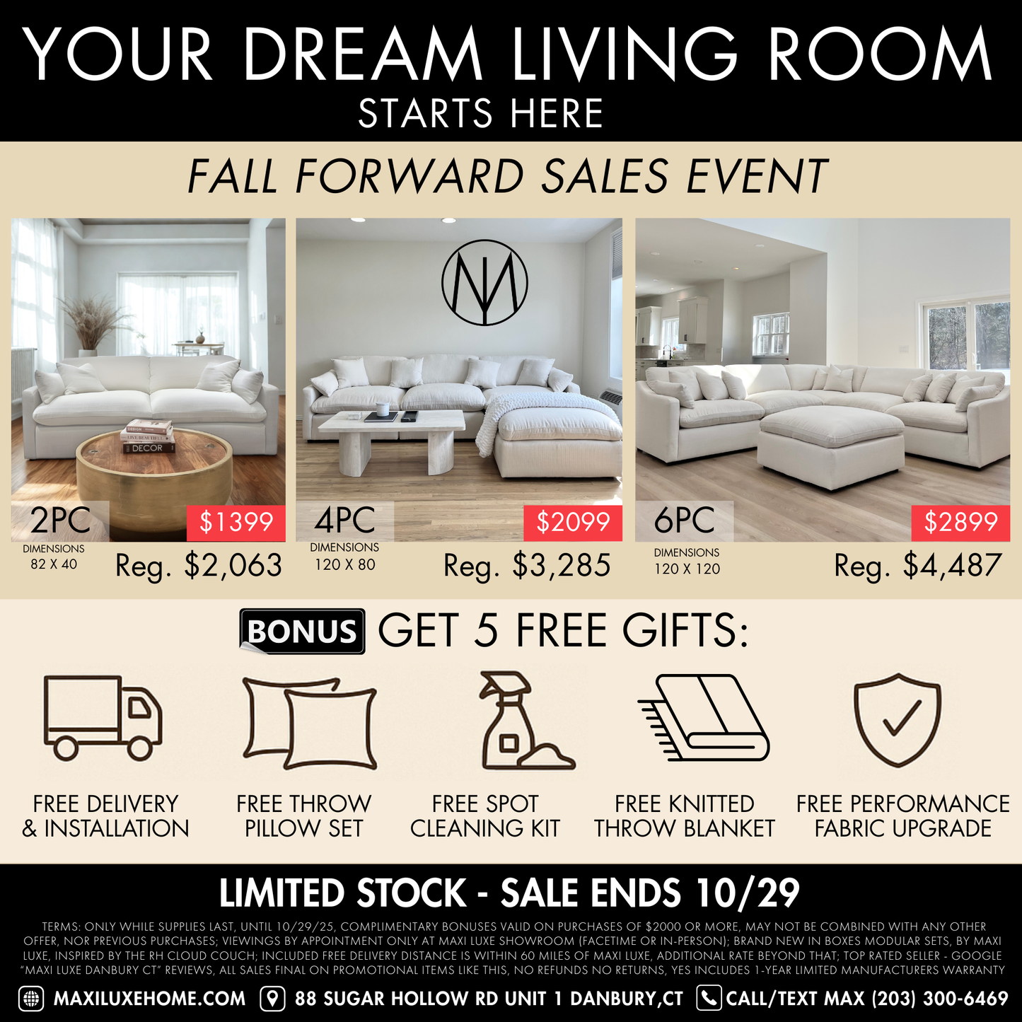 Deluxe Cream Performance Slope Arm Cloud Couch - 4pc Set