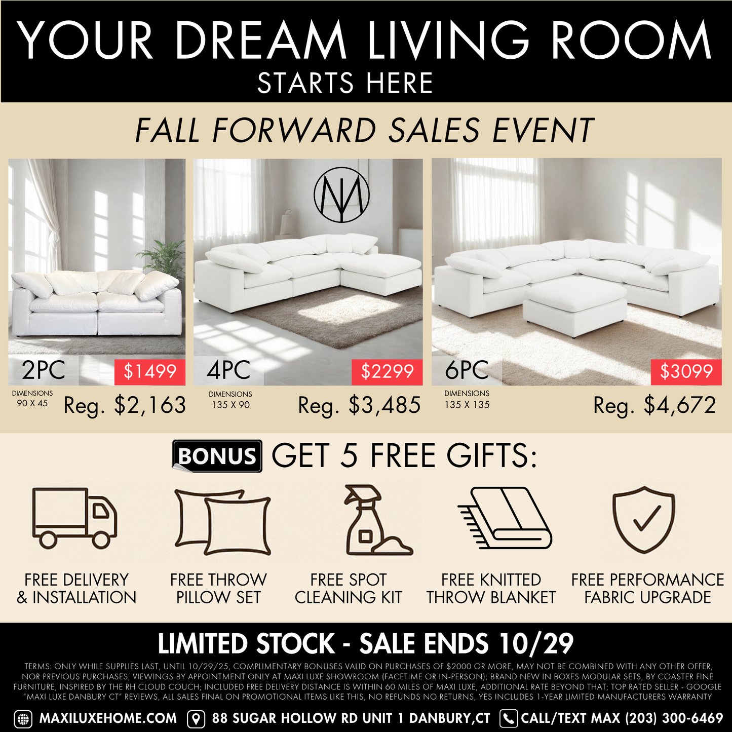 Luxe Depth Ivory Performance Bouclé Square Arm Cloud Couch - 6pc Set
