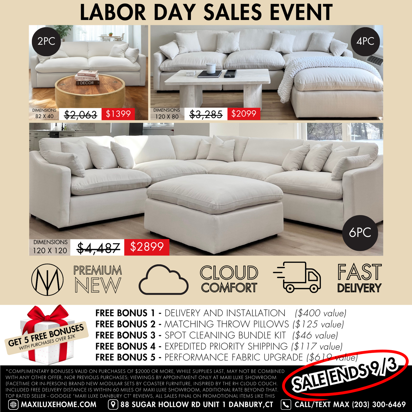 Deluxe Cream Performance Slope Arm Cloud Couch - 6pc Set