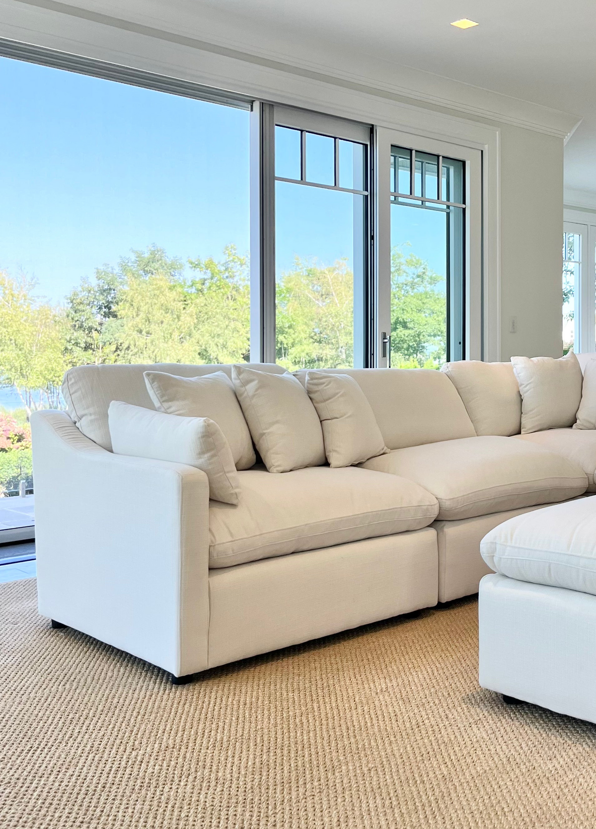 Deluxe Cream Performance Slope Arm Cloud Couch - Double Chaise 6pc Set