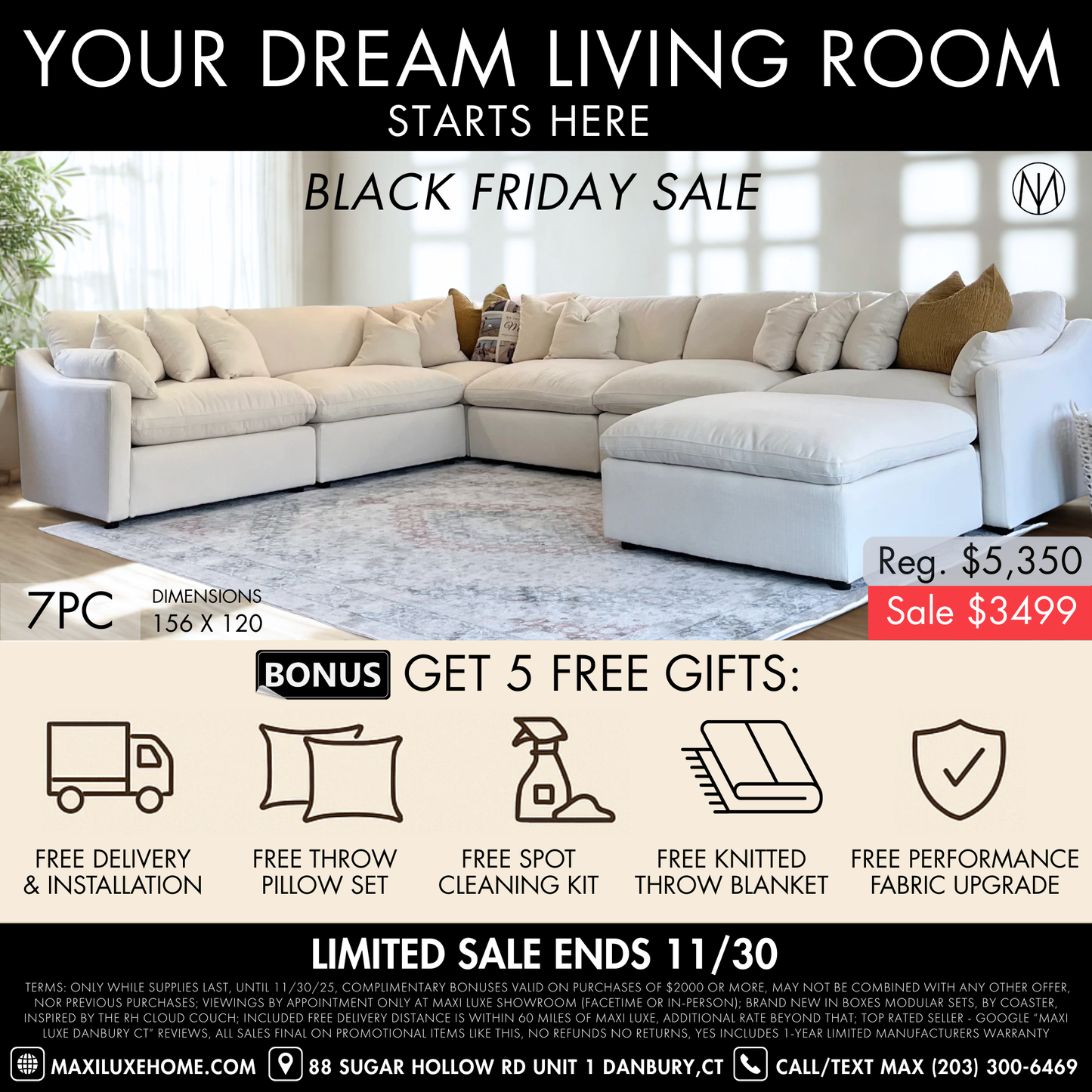 Deluxe XL Cream Performance Slope Arm Cloud Couch - 7pc Set