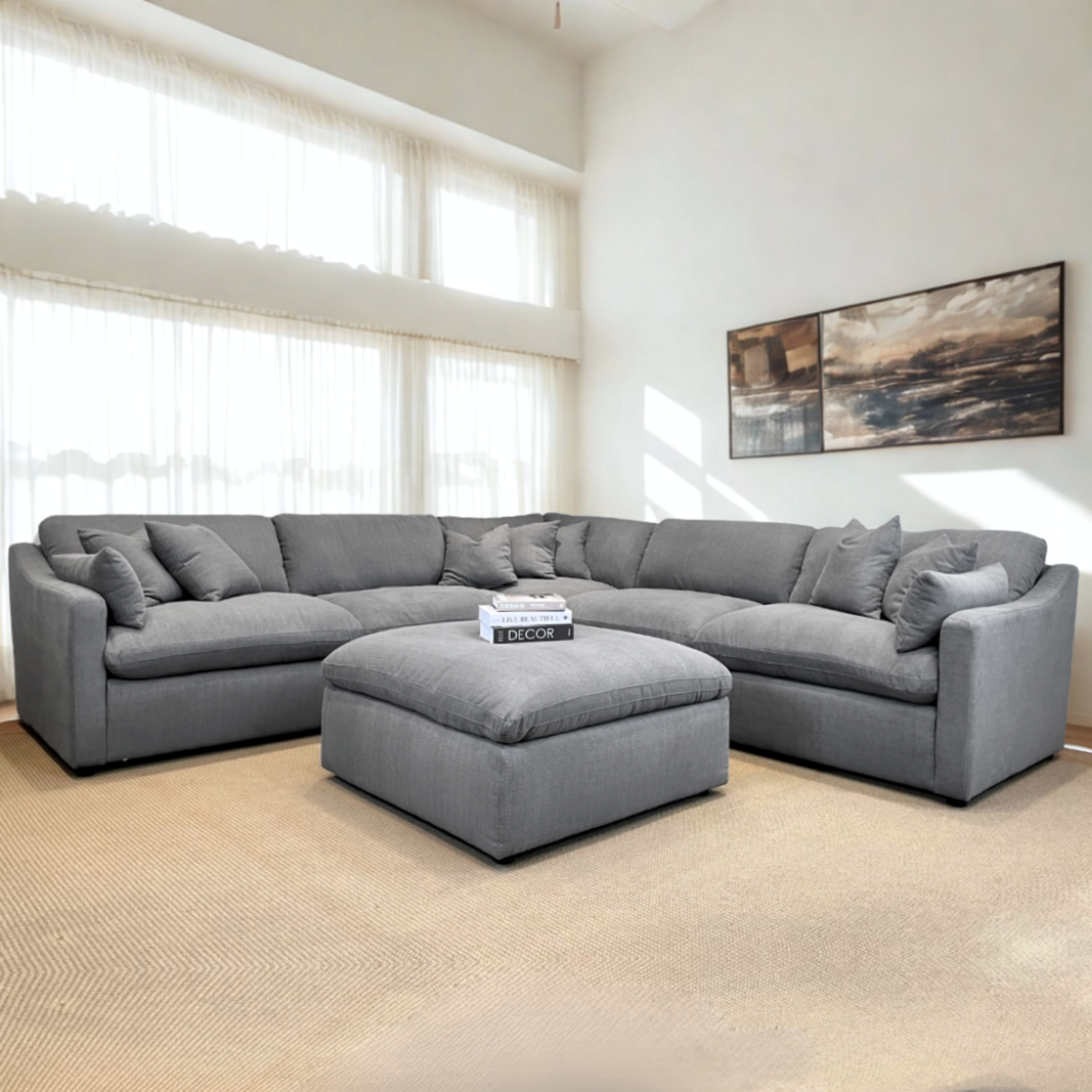 Deluxe Gray Performance Slope Arm Cloud Couch - 6pc Set