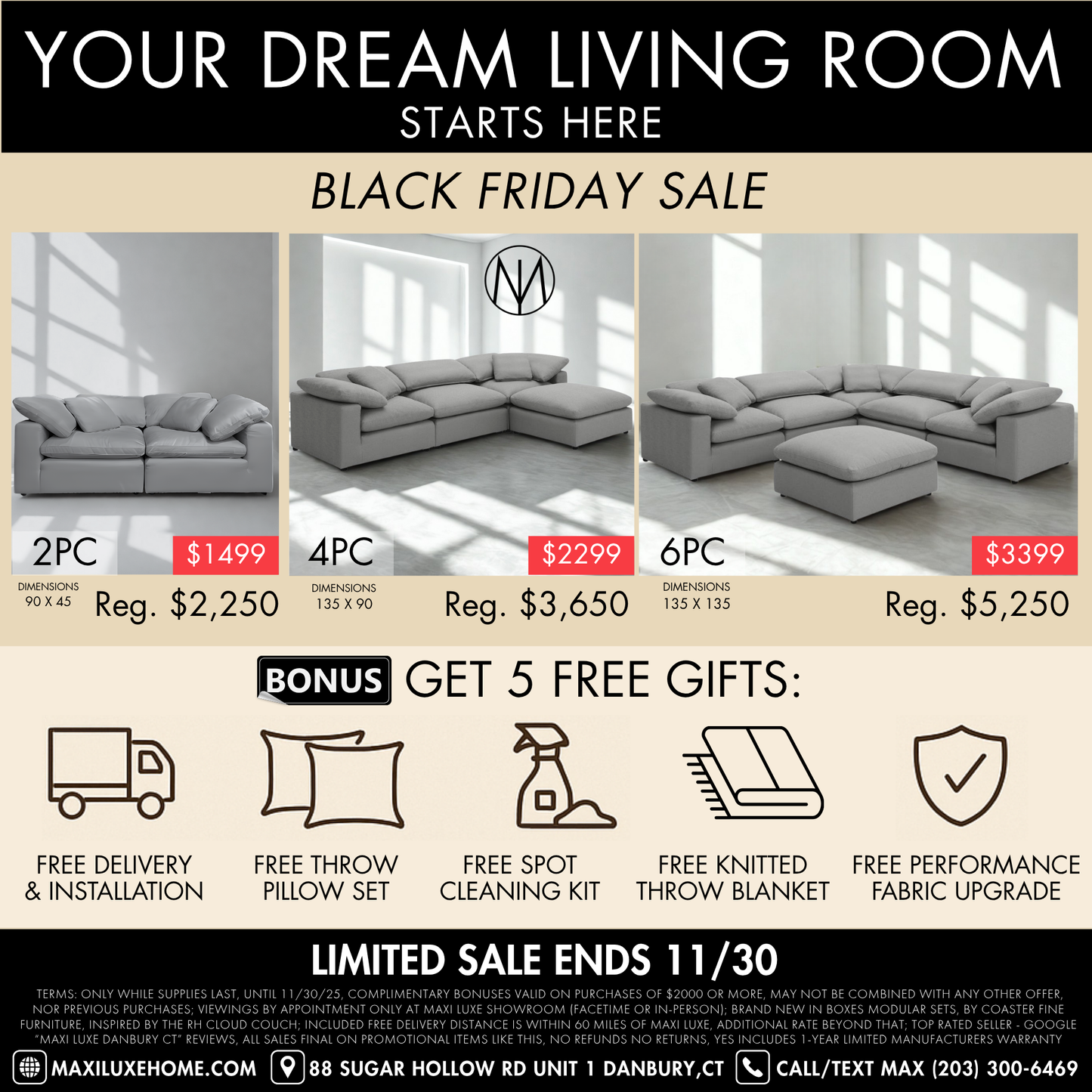 Luxe Depth Slate Gray Performance Bouclé Square Arm Cloud Couch - 6pc Set