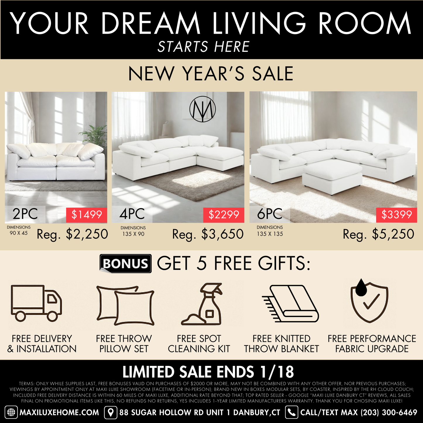 Luxe Depth Ivory Bouclé Performance Square Arm Cloud Couch - 4pc Set