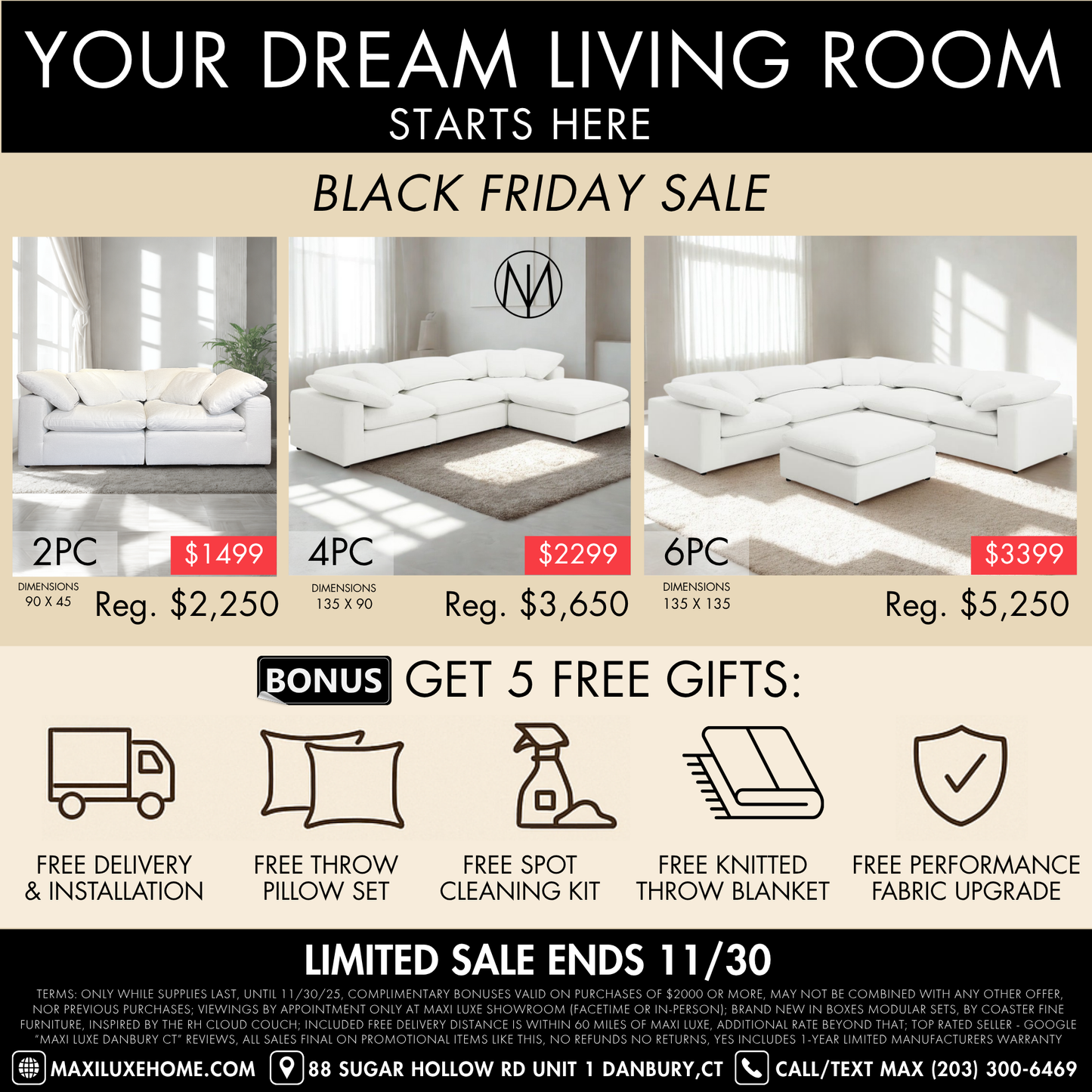 Luxe Depth Ivory Performance Bouclé Square Arm Cloud Couch - 6pc Set