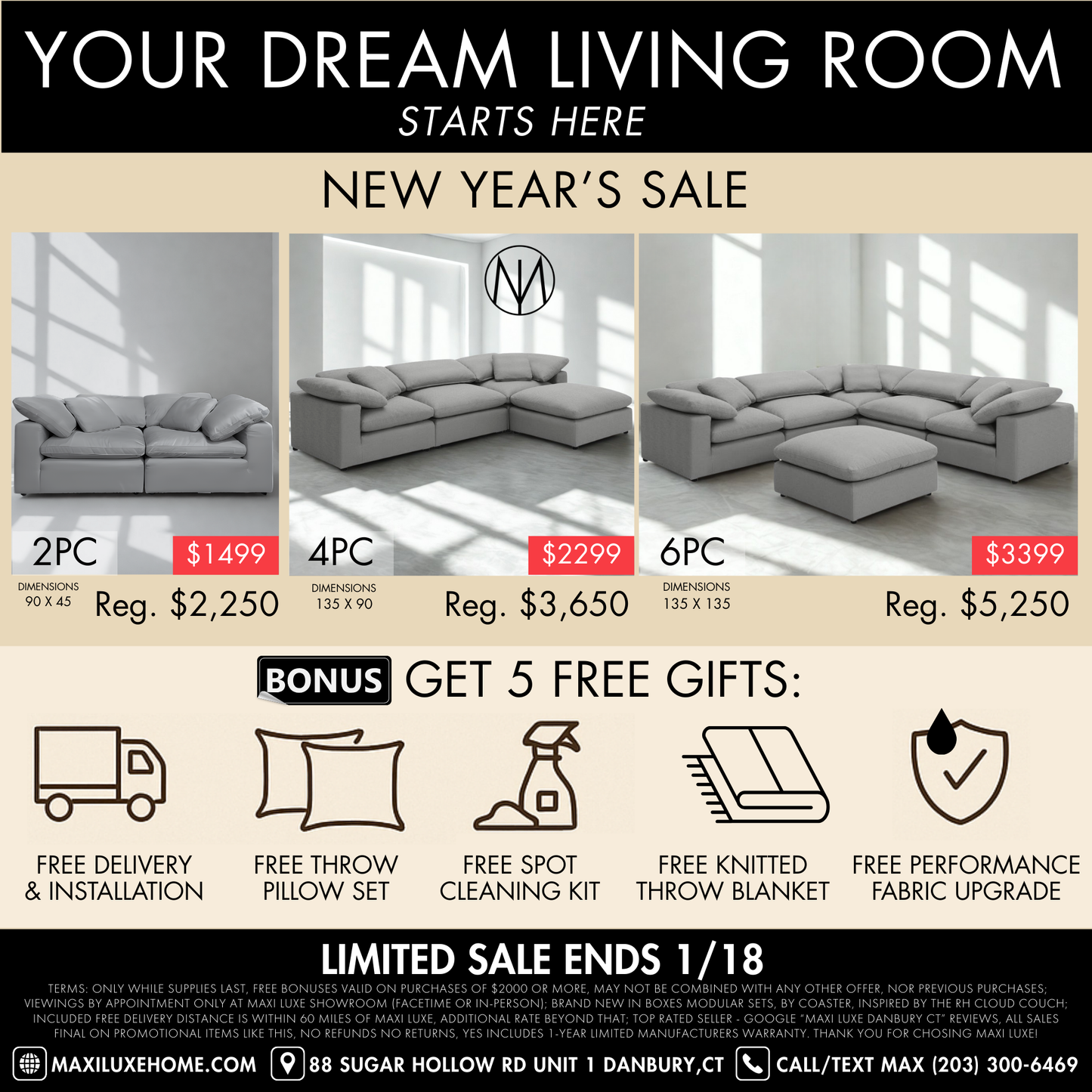 Luxe Depth Slate Gray Performance Boucle Square Arm Cloud Couch - 4pc Set