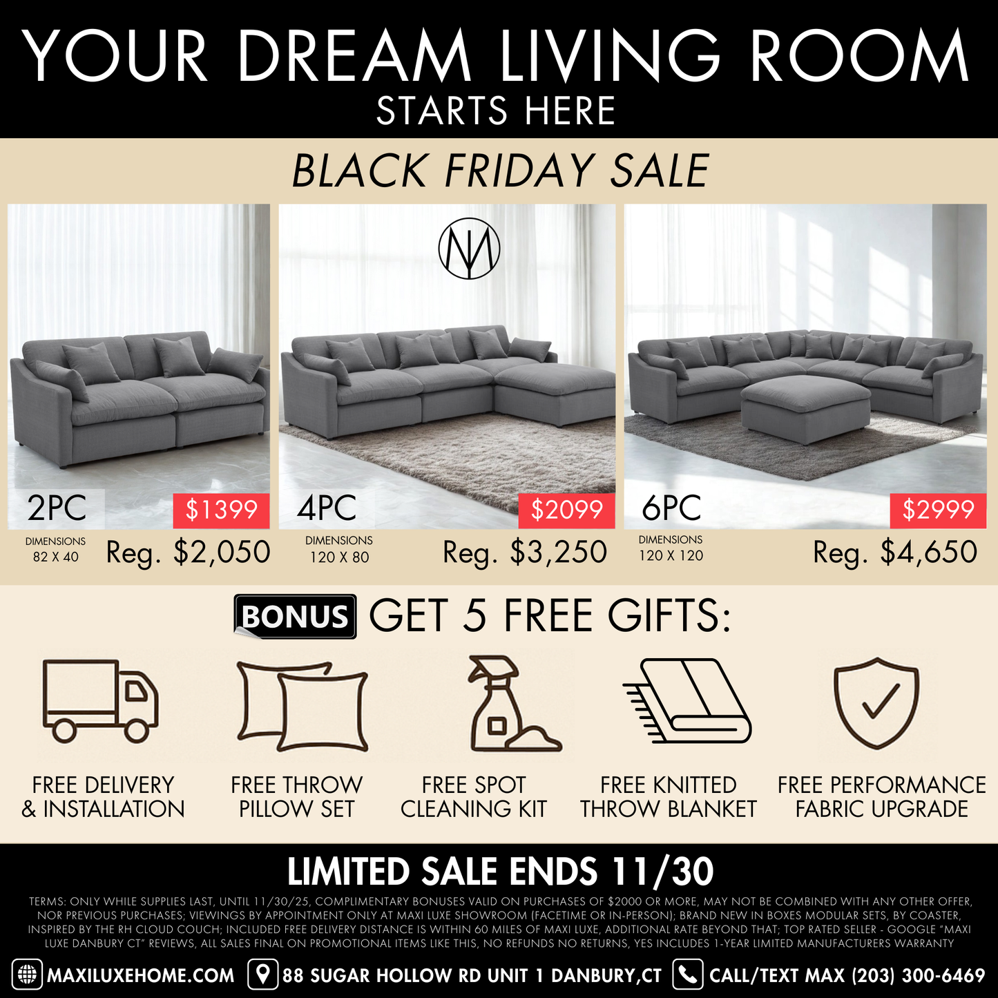 Deluxe Gray Performance Slope Arm Cloud Couch - 6pc Set