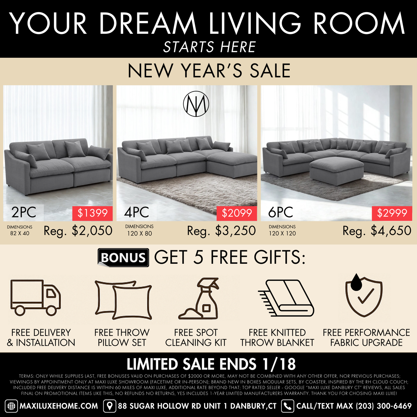 Deluxe Gray Performance Slope Arm Cloud Couch - 6pc Set