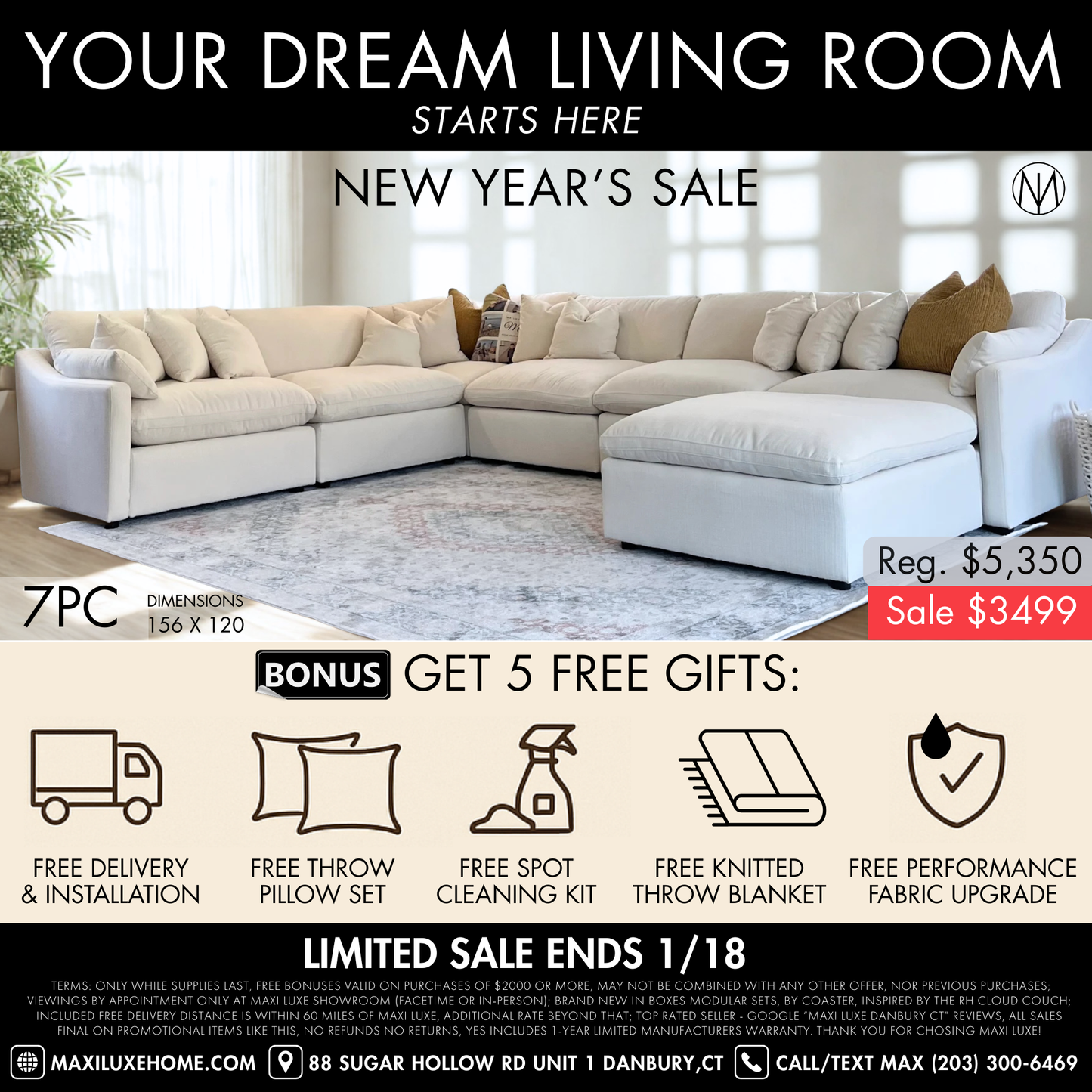 Deluxe XL Cream Performance Slope Arm Cloud Couch - 7pc Set