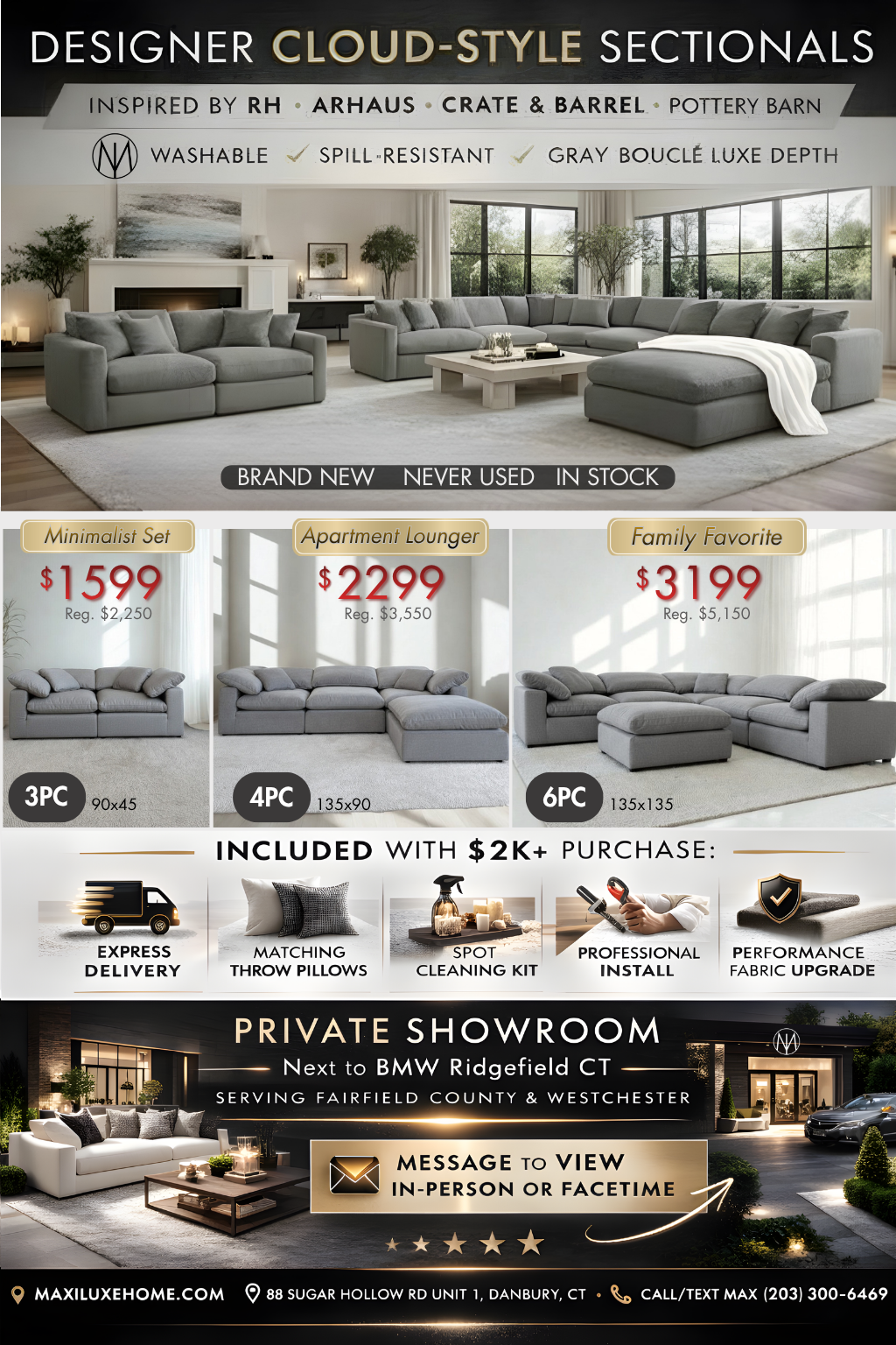 Luxe Depth Slate Gray Performance Bouclé Square Arm Cloud Couch - 4pc Set
