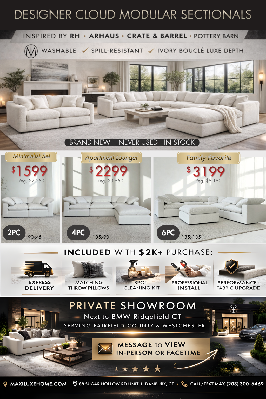 Luxe Depth Ivory Bouclé Performance Square Arm Cloud Couch - 4pc Set